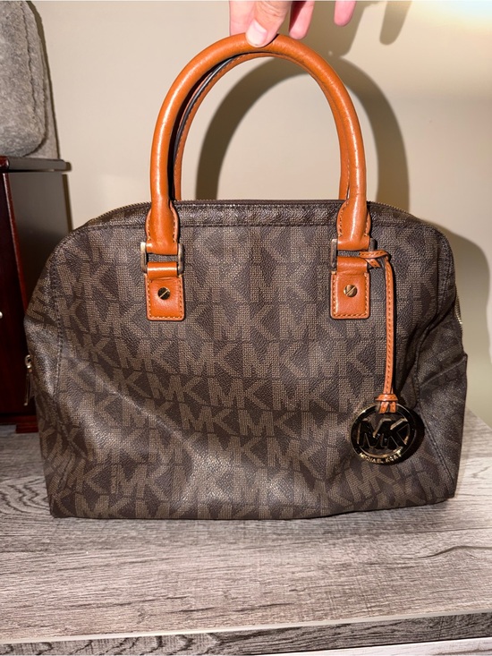 Michael Kors Handbags - Michael Kors Brown MK Monogram Satchel with Tan Handles